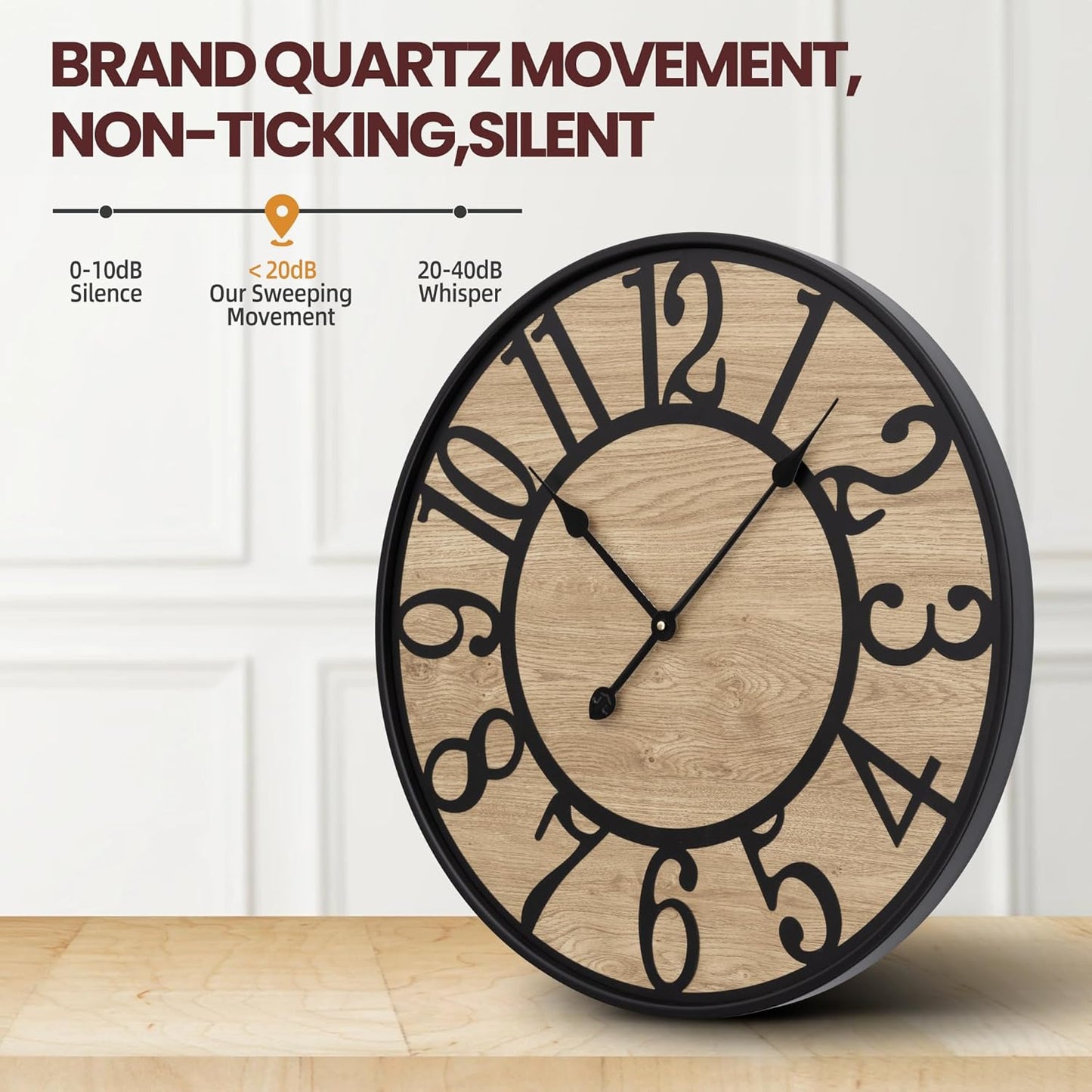 Large Wall Clock for Living Room Decor, Non Ticking Silent, Battery Operated Modern Vintage Wood Oversized Decorative Wall Clock for Bedroom Kitchen Farmhouse Office Decor