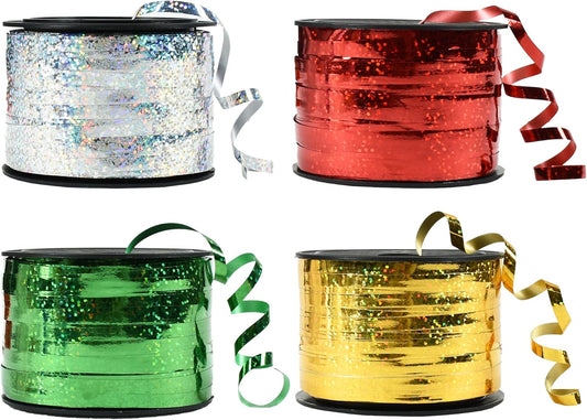 BEISHIDA 4 Pack Christmas Curling Ribbons Red Green Gold Silver Balloon String Ribbons for Gift Warppping Birthday Christmas Party Decorations（Total 400 Yards）