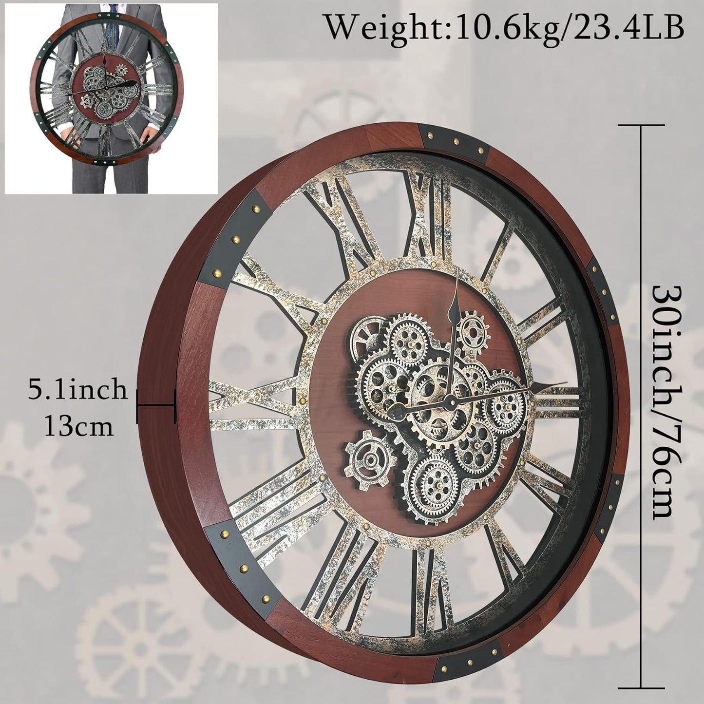 30Inchs Moving Gears Wall Clock, Oversized Wall Clocks, Clock Living Room Decor, Solid Wood Frame, Battery Operated, Large Wall Clock with Steampunk Industrial for Fireplace(Black Walnut)