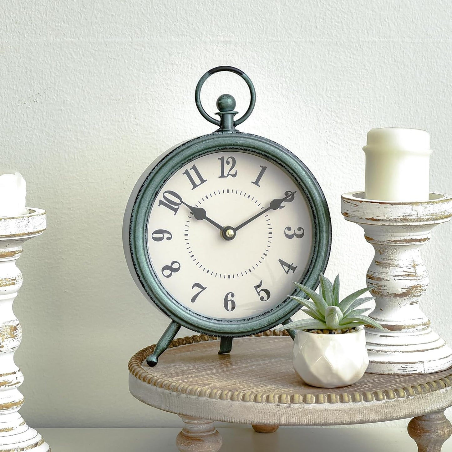 EMAX Home Vintage Green Rustic Retro Table Clock, Silent Non-Ticking, Battery Operated, 10.5"H, 7.28"W, Green Dial, Tabletop, Indoor, Kitchen