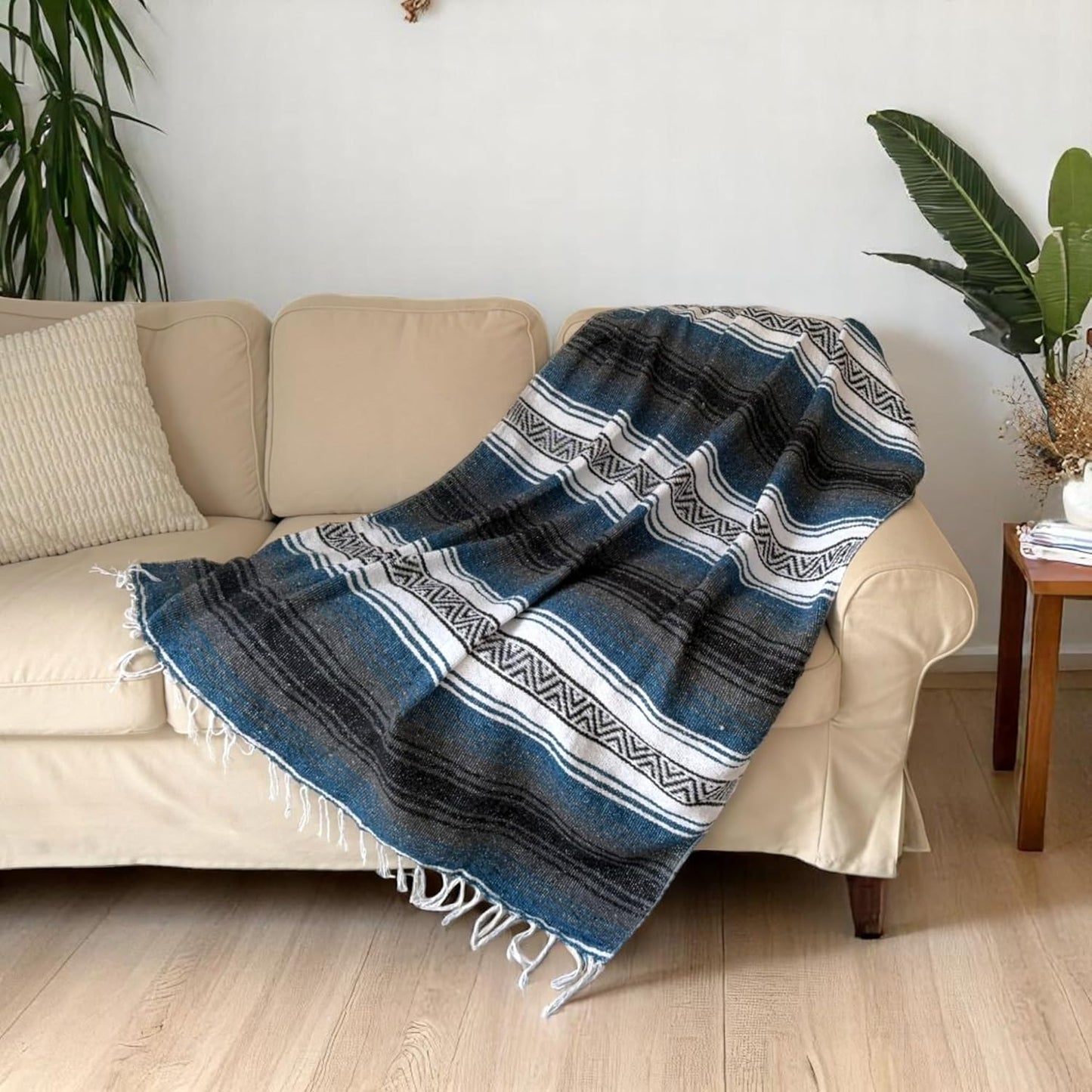 Traditional Handwoven Mexican Blanket, Large Falsa Serape - Soft & Durable - Vibrant Beach, Picnic, Yoga & Camping Mat - Lightweight Boho Throw 70"x50" (Onyx)