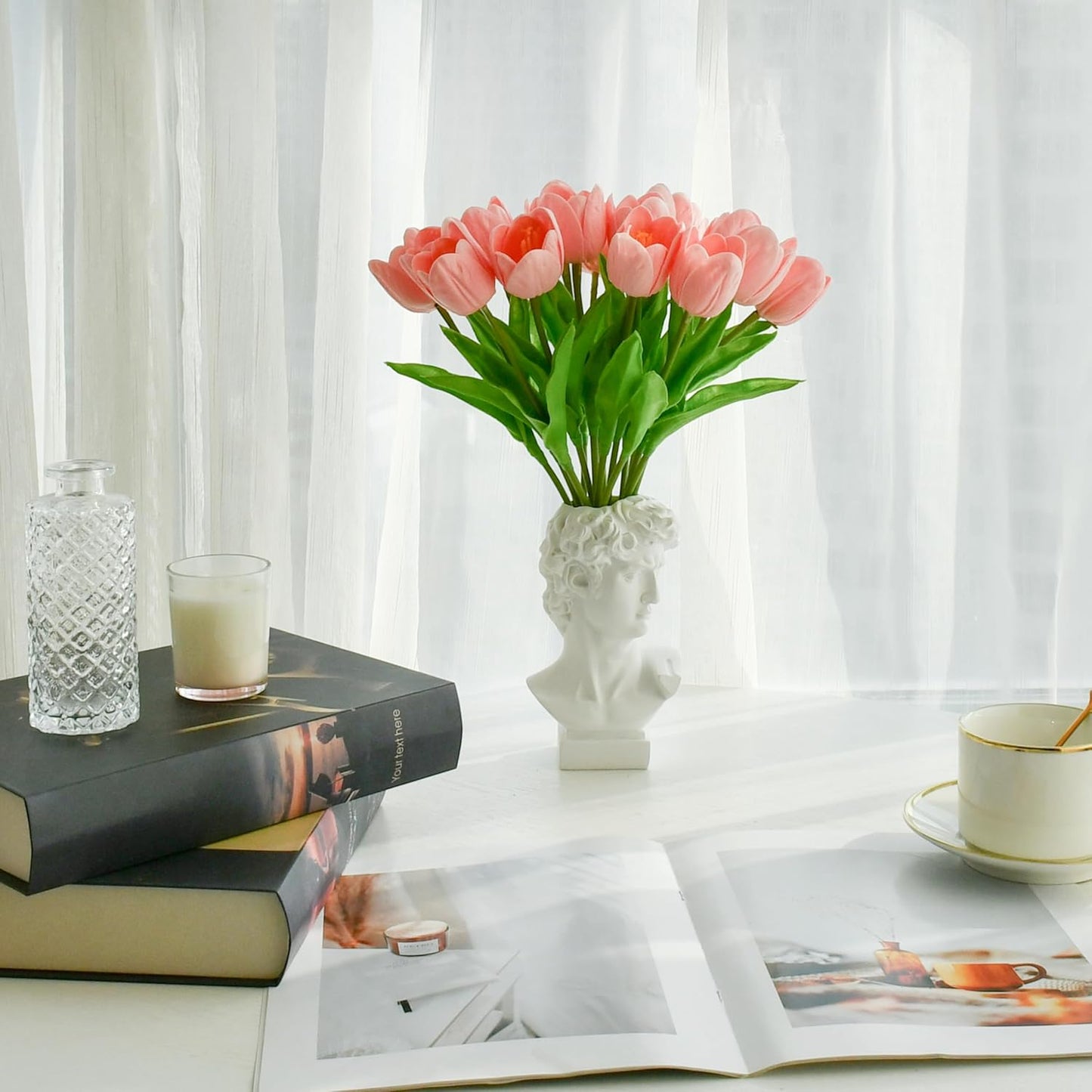 Mandy's Artificial Tulips 12 Stems Light Pink Partially Open PU Faux Flowers for Wedding Home Decor 13.5 Inch