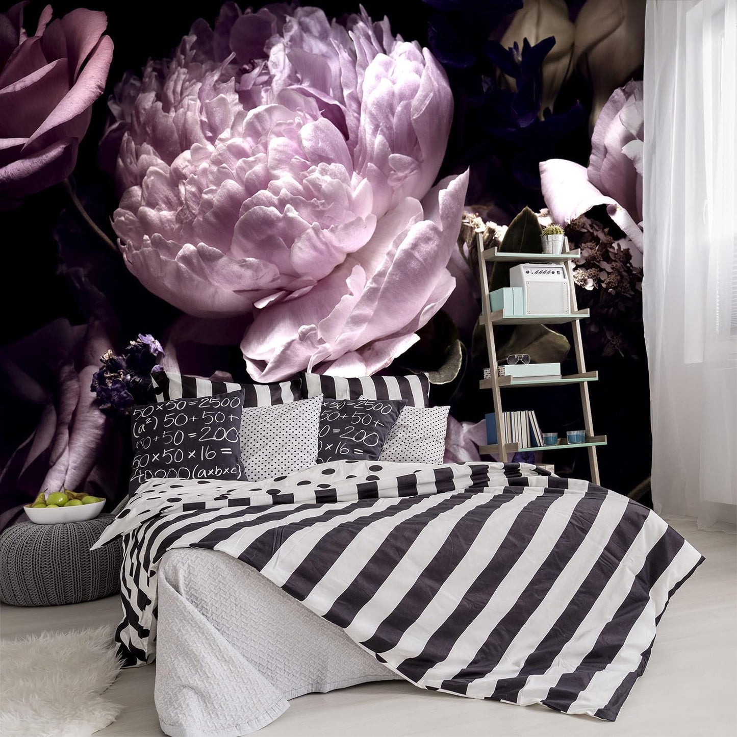 -Black Peony Purple Floral Botanical Fabric Wallpaper Living Room Bedroom Bathroom Dark Flowers Large Wall Mural- 137"x96"（ not Peel and Stick）