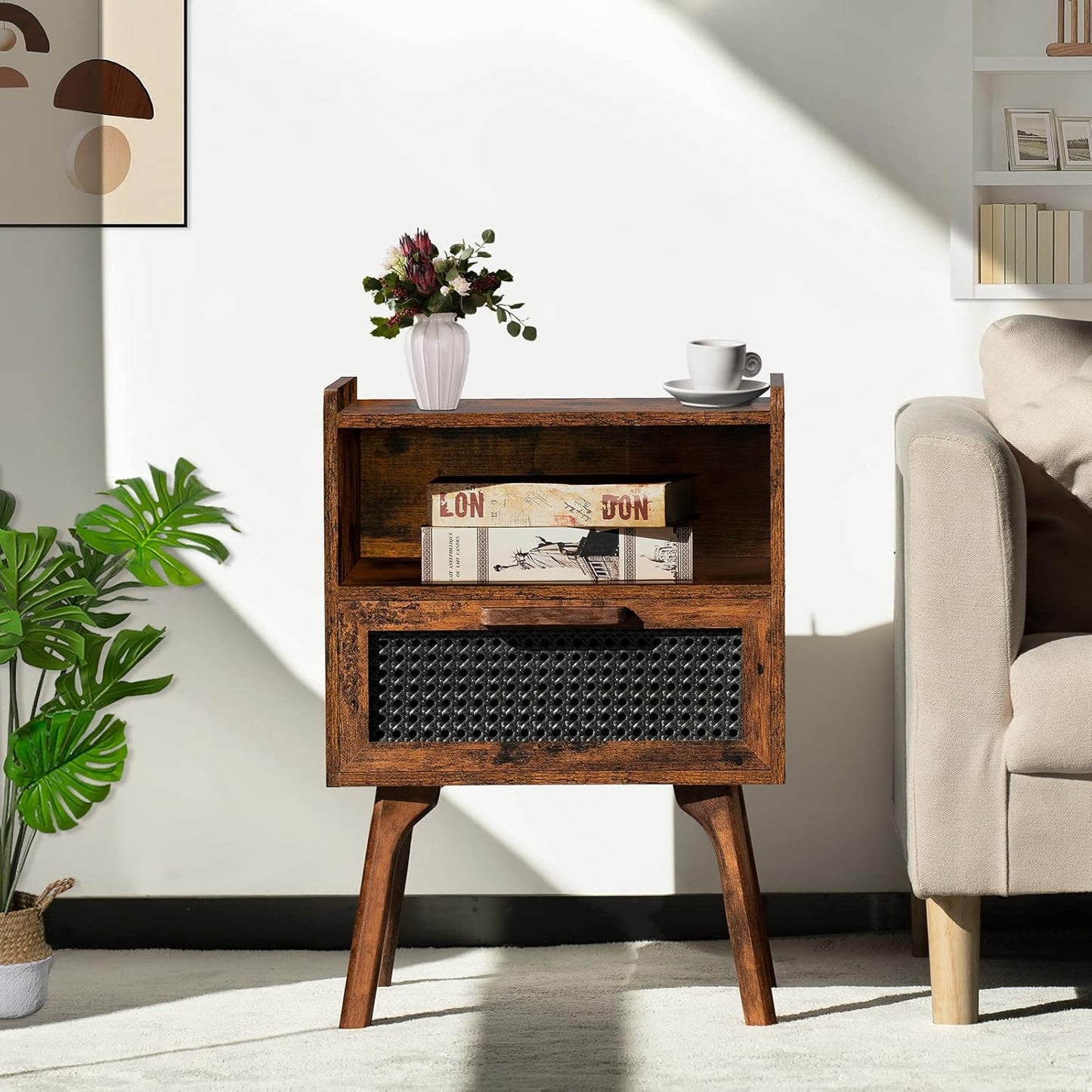Lerliuo Rattan Nightstand, Boho Side Table with Drawer Open Shelf, Cane Accent Bedside End Table with Solid Wood Legs for Bedroom, Dorm and Small Spaces (Brown)