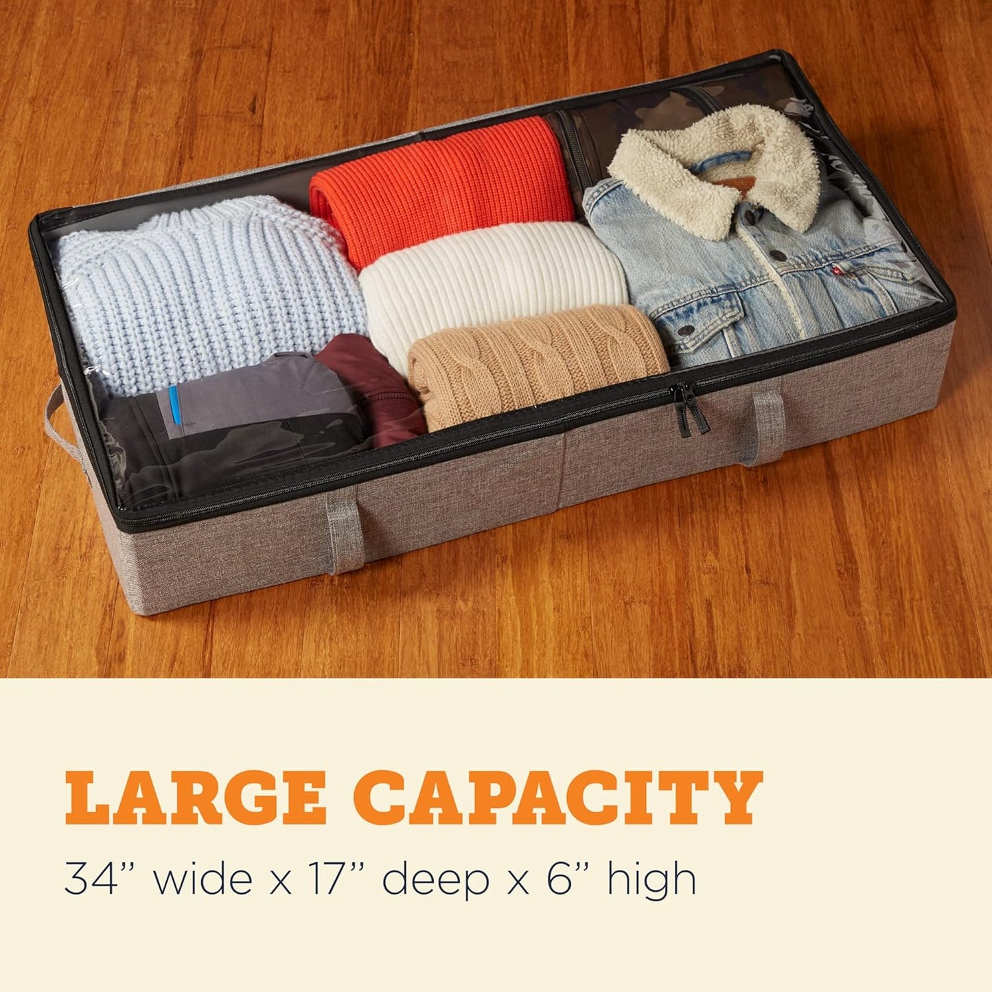 storageLAB Under Bed Storage Containers, Closet Organizers with Sturdy Handles for Clothes, Comforters, and Accessories, Perfect for Use Under or at the End of the Bed - 2 Pack, Grey