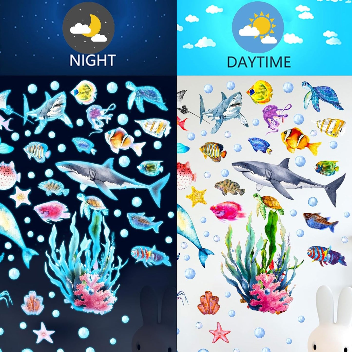 Glow in The Dark Ocean Wall Decals, 4 Sheets Underwater Sea Animal Stickers (Dolphin, Turtle, Jellyfish), Self-Adhesive Kids Bedroom Decor for Boys & Girls, Blue Glow Nursery Wall Art (7.8x11.8in)