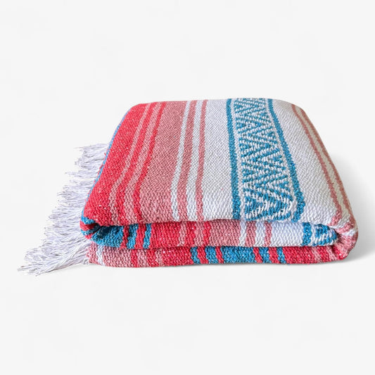 Traditional Handwoven Mexican Blanket, Large Falsa Serape - Soft & Durable - Vibrant Beach, Picnic, Yoga & Camping Mat - Lightweight Boho Throw 70"x50" (Flame)