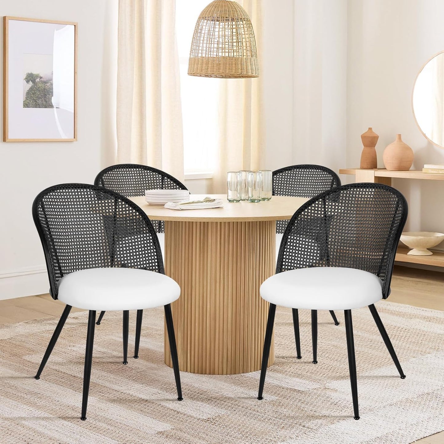 Rattan Dining Chairs Set of 4, Faux Leather Upholstered Dining Chairs with Black Cane Back, Mid-Century Modern Farmhouse Armless Accent Chairs for Kitchen Dining Room, Restaurant, White