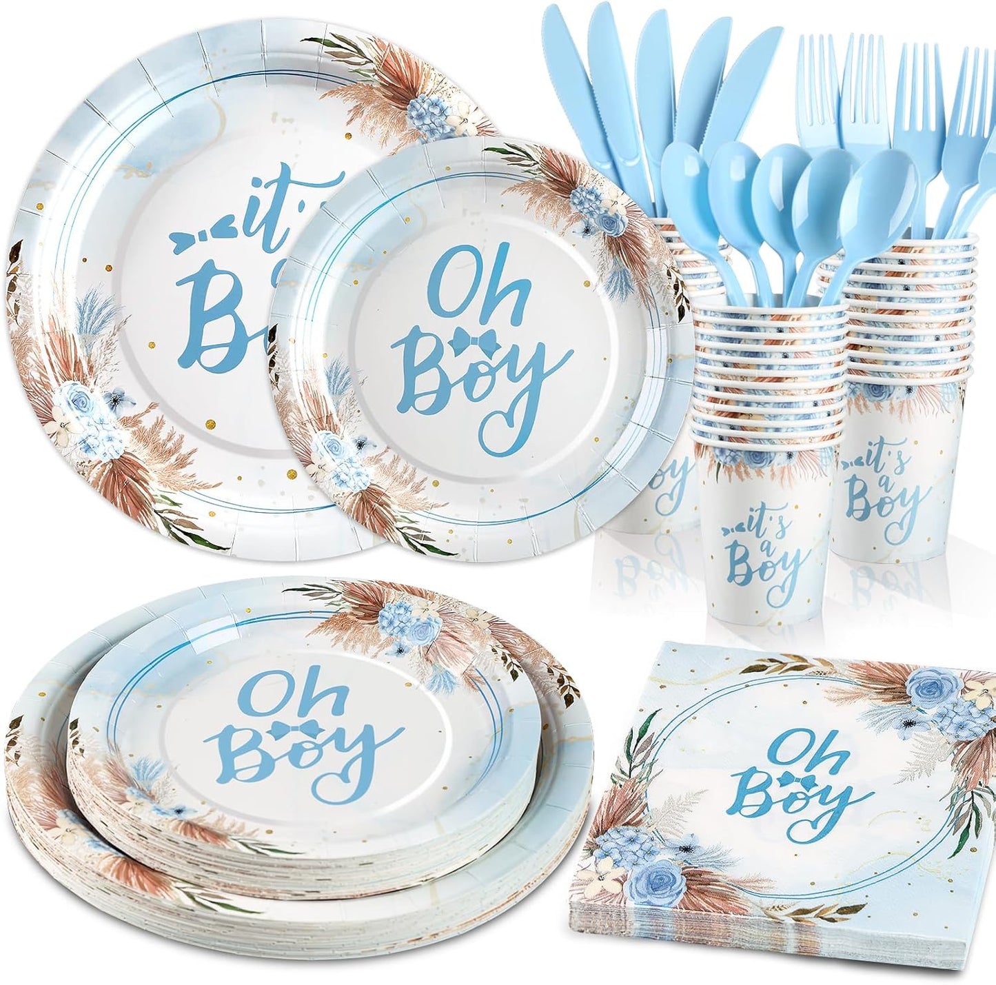 168 Pcs Baby Boy Shower Decorations, Its A Boy Baby Shower Decorations, Blue Baby Shower Plates and Cups and Napkins Sets Serves 24, Boho Fall Oh Baby