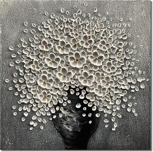 Canvas Wall Art Grey and white flower painting, 30x30 inchs modern flower tray knife painting, bedroom kitchen dining room living room office home wall decoration