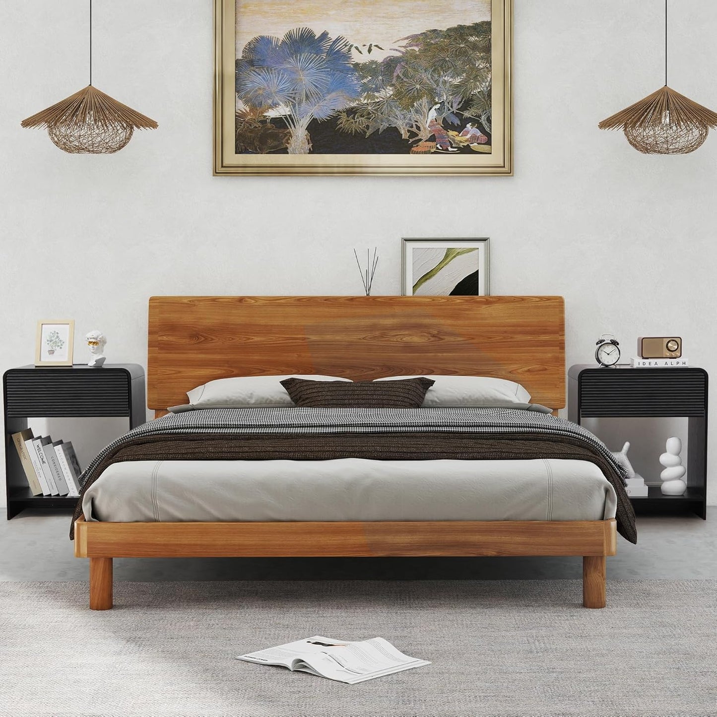 Fluted Nightstand Set of 2 with Charging Station, Modern Bed Side Table End Table with Drawer Storage, Large Wooden Night Stands Bedside for Bedroom Living Room Sofa Office, Black 2 Sets