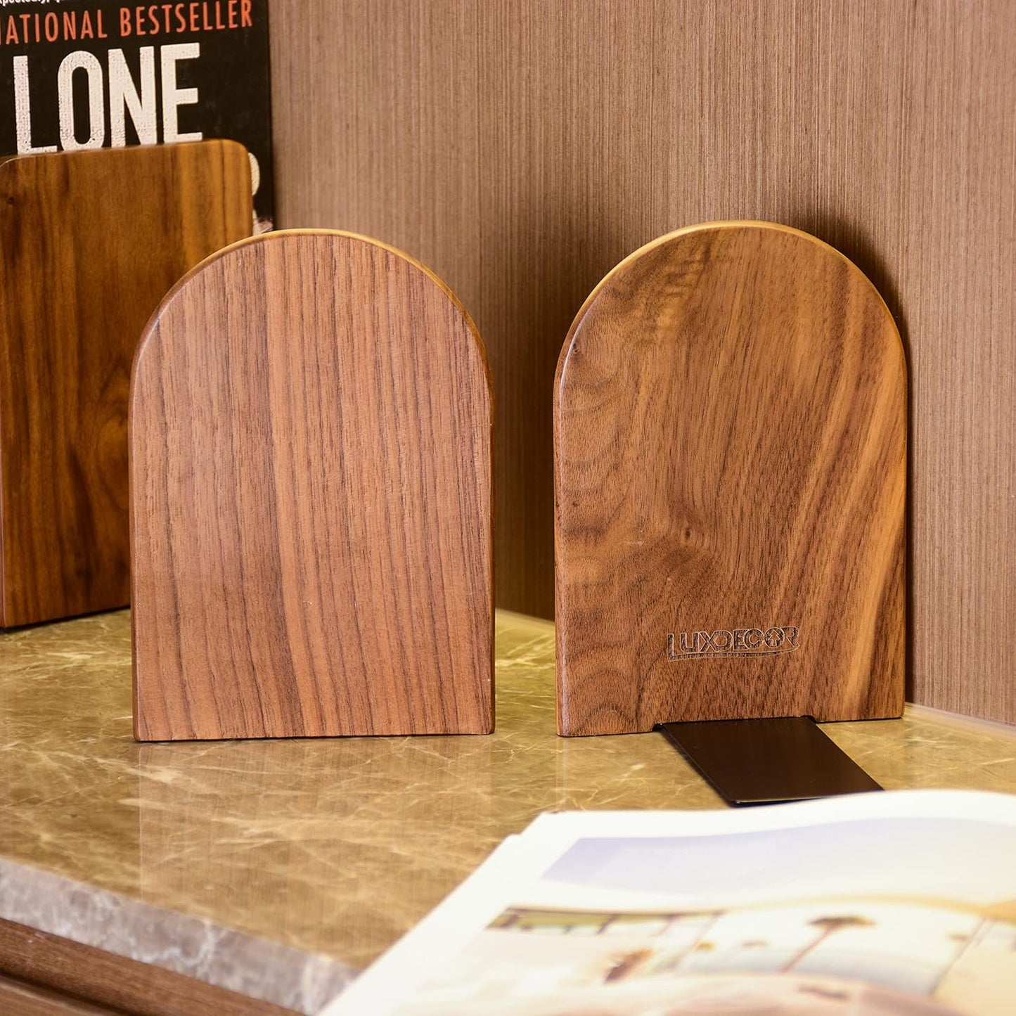 Large Bookend Hold Heavy Books- 7x4x5in 3 Pack Wood Bookends for Heavy Books Heavy Duty Walnut Book Ends for Men Wood Bookends for Office Desk Non-Skid