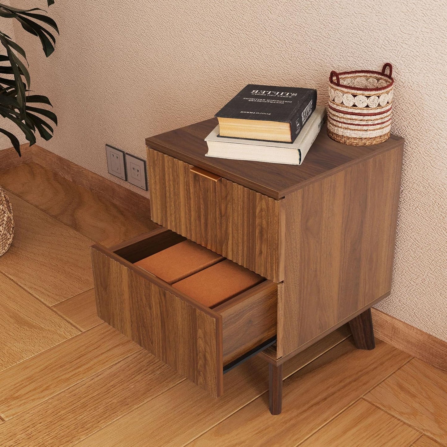 Fluted Nightstand, Mid Century Modern 2 Drawer Bedside Table for Bedroom, Small Dresser Night Stand Side End Table with Wood Fluted Drawer Storage for Bedroom Closet(Walnut)