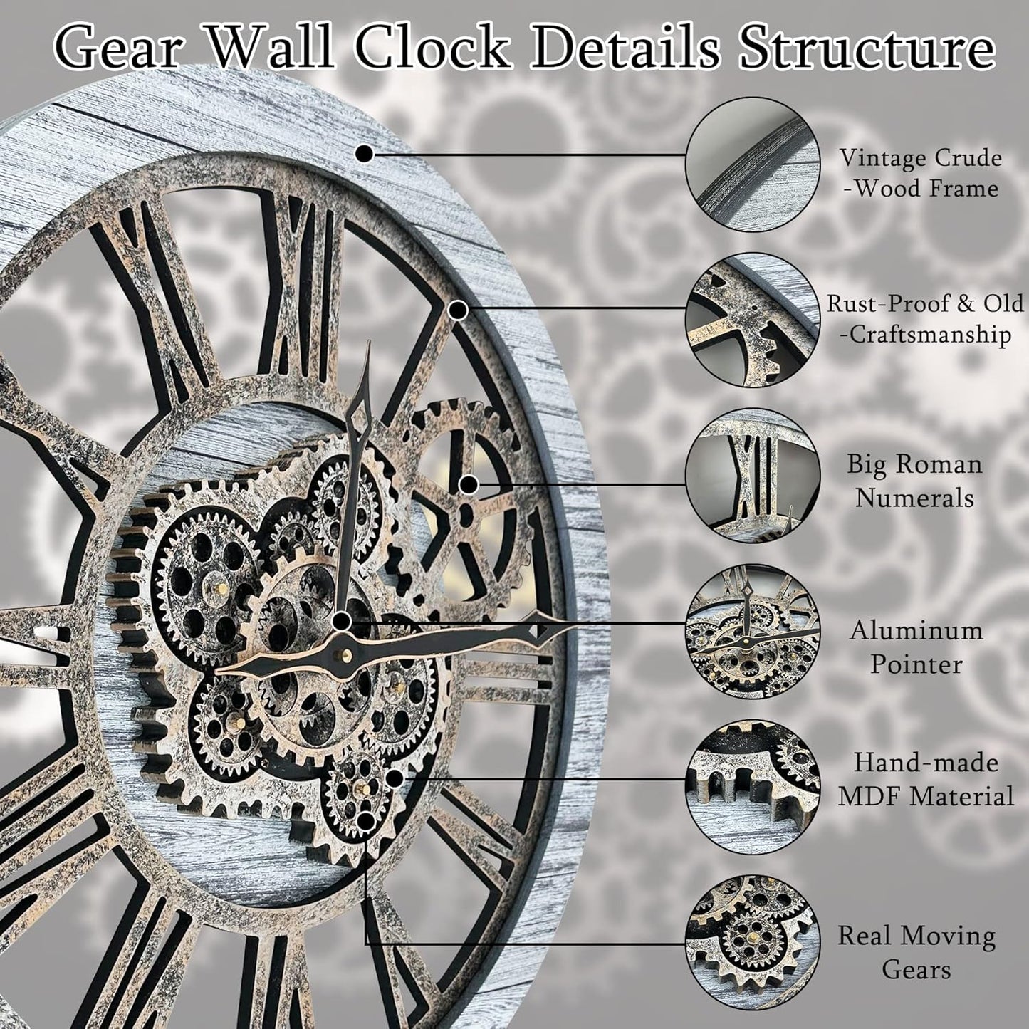 HOIBAI Wall Clock, Clocks for Living Room Decor 20 Inch Big Moving Gears Clock Farmhouse Vintage Rustic Wall Clock for Home Bedroom House Kitchen Wall Decor