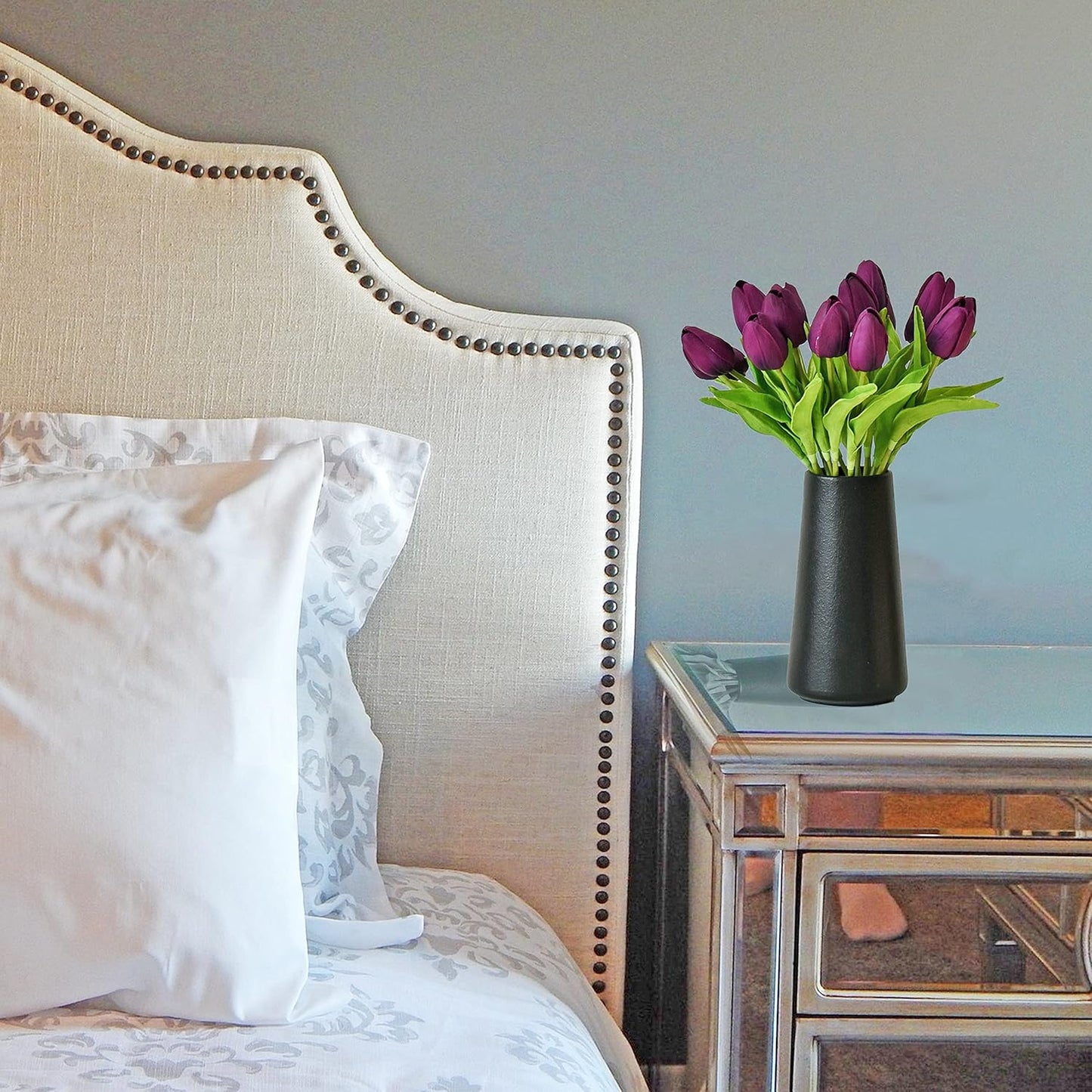 Mandy's Artificial Tulips 20 Stems Grape Purple PU Faux Flowers for Wedding Home Decor 13.5 Inch