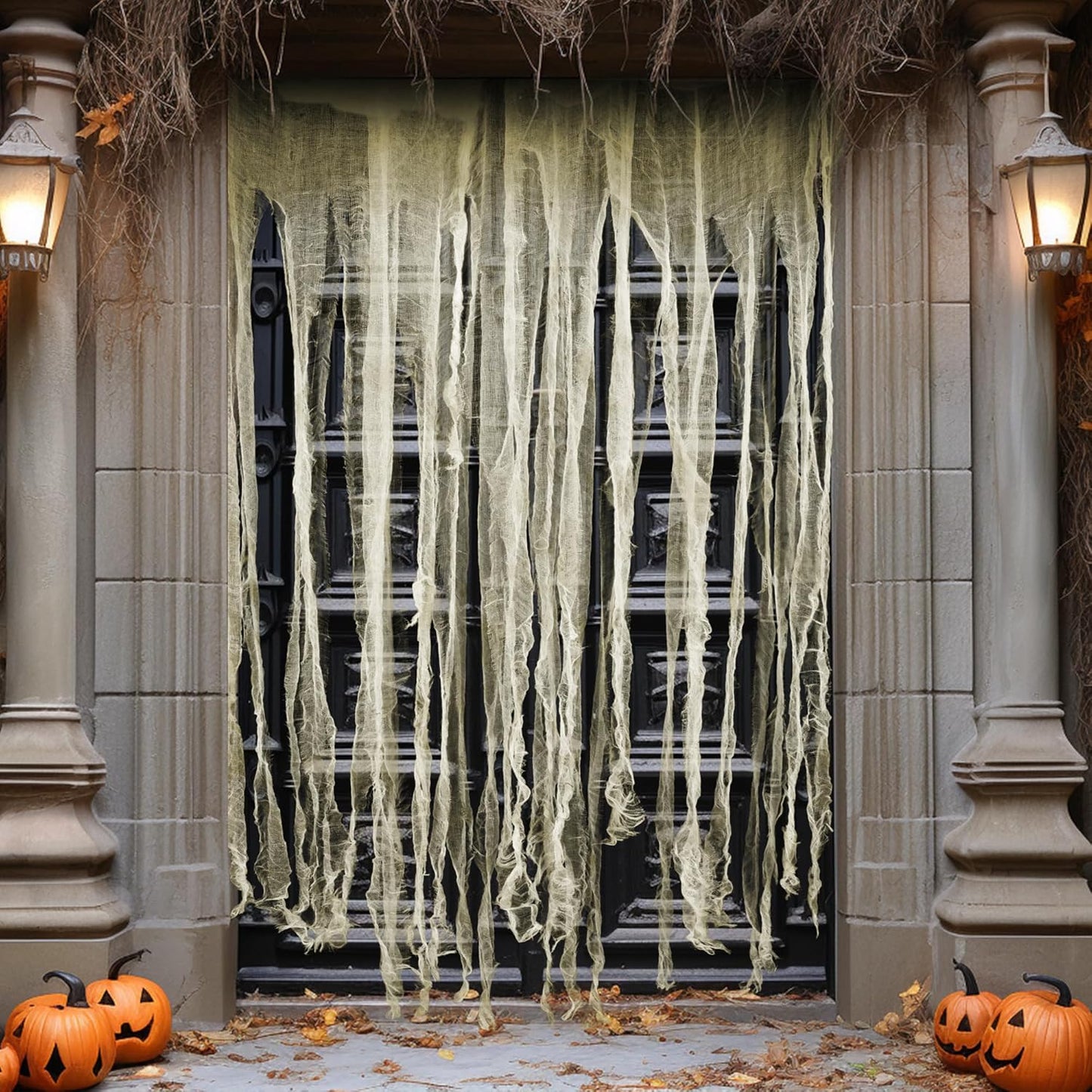 RunNico 2Pcs 85" x 60" Large Halloween Door Curtain Decoration, White Gauze Doorway Curtain, Creepy Cloth Strip Drape for Halloween Horror Theme Party Haunted House Costume Decor