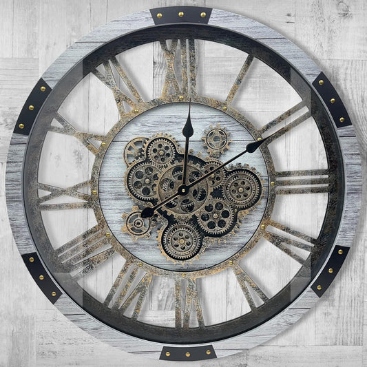 DORBOKER 40" Original Moving Gears Wall Clock, Large Industrial Wall Clock for Living Room Decor,Oversized Wood Vintage Farmhouse Steampunk Rustic Clocks for Wall Decor,Silver Grey