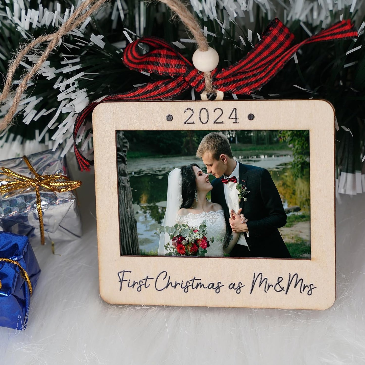 Christmas Photo Frame Ornament, 2024 Ornament, Wooden Picture Frame Ornaments With Hanging String (First Christmas As Mr & Mrs (Landscape))
