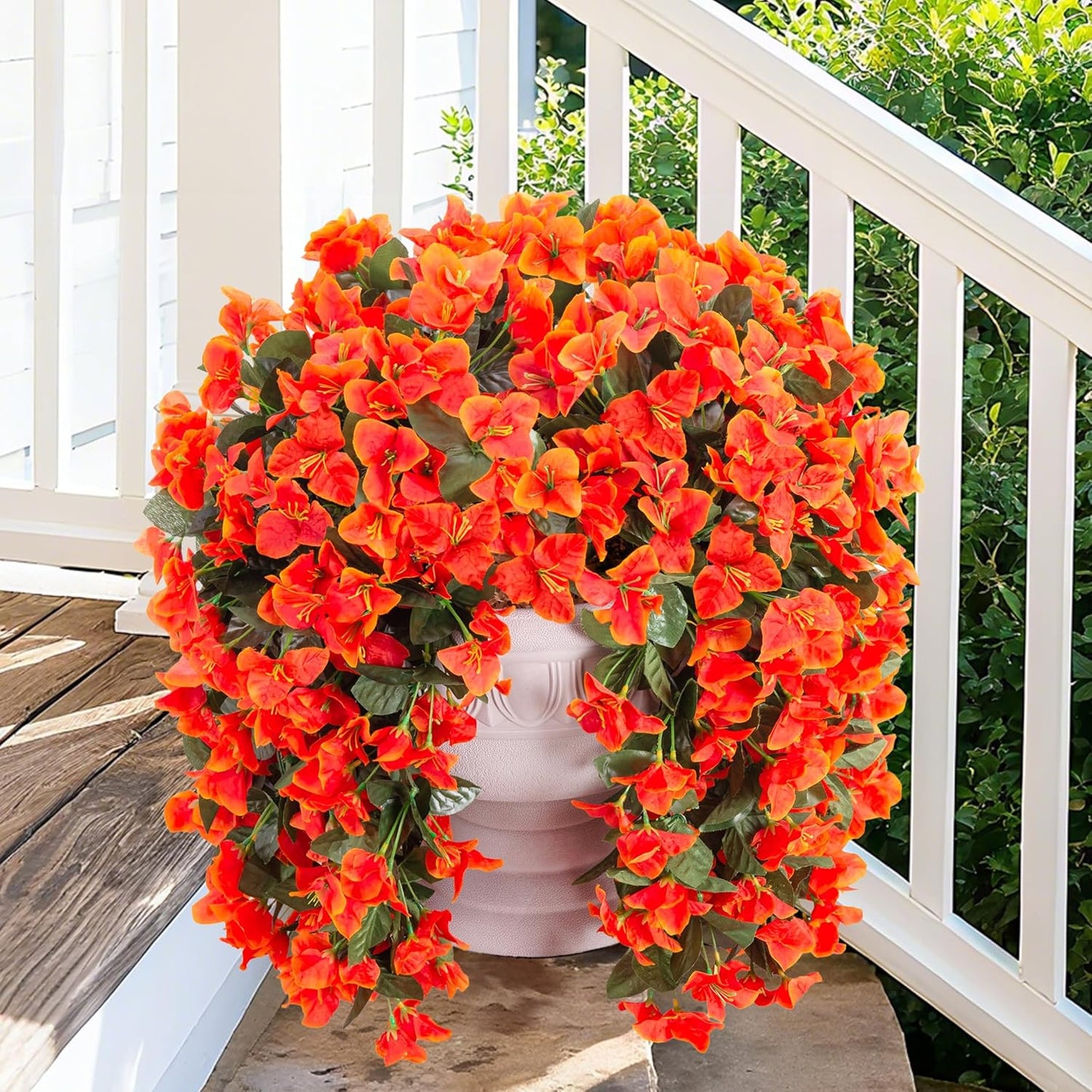 Artificial Bougainvillea Faux Flowers Plants for Outdoors Outside Fall Autumn Decor, 2 PCS Silk Trailing Vines UV Resistant Realistic Orange Fake Flowers for Planter Front Door Porch Patio Balcony