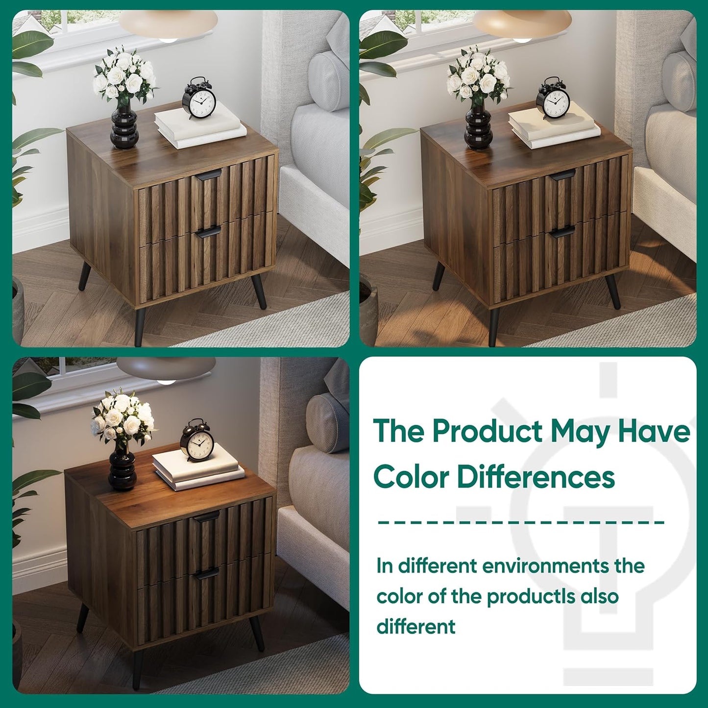 Smuxee Walnut Wooden Night Stand, Mid Century Nightstand with 2 Fluted Drawers, Bedside Table with Metal Feet, Modern End Side Table for Bedroom