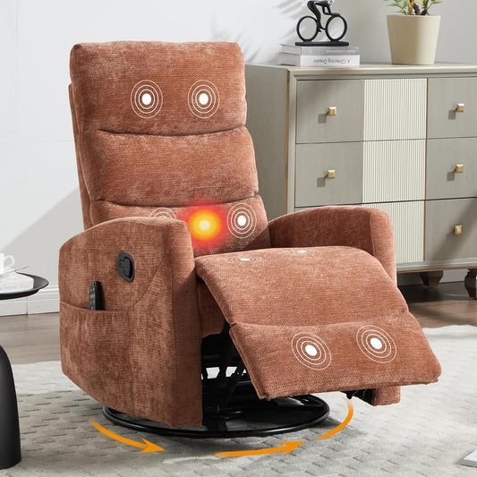 Manual Swivel Rocker Recliner Chair for Adults, Overstuffed Reclining Glider Chair for Nursing with Vibration Massage & Heat, Living Room Rocking Recliner 3-Stage backrest, Chenille Fabric Orange