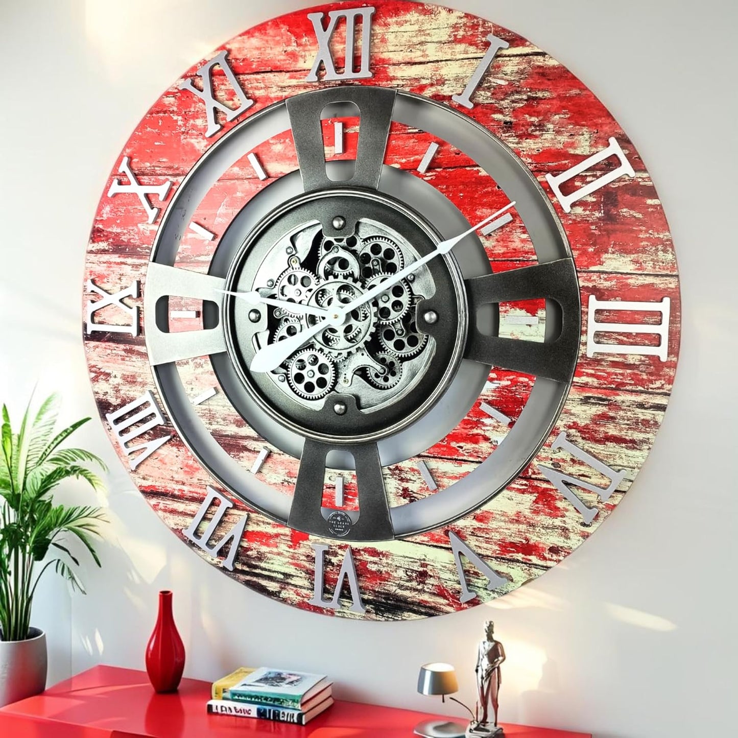 The Gears Clock Real Moving Gear Wall Clock England Line (Red Lava, 24 inches (60 cm))