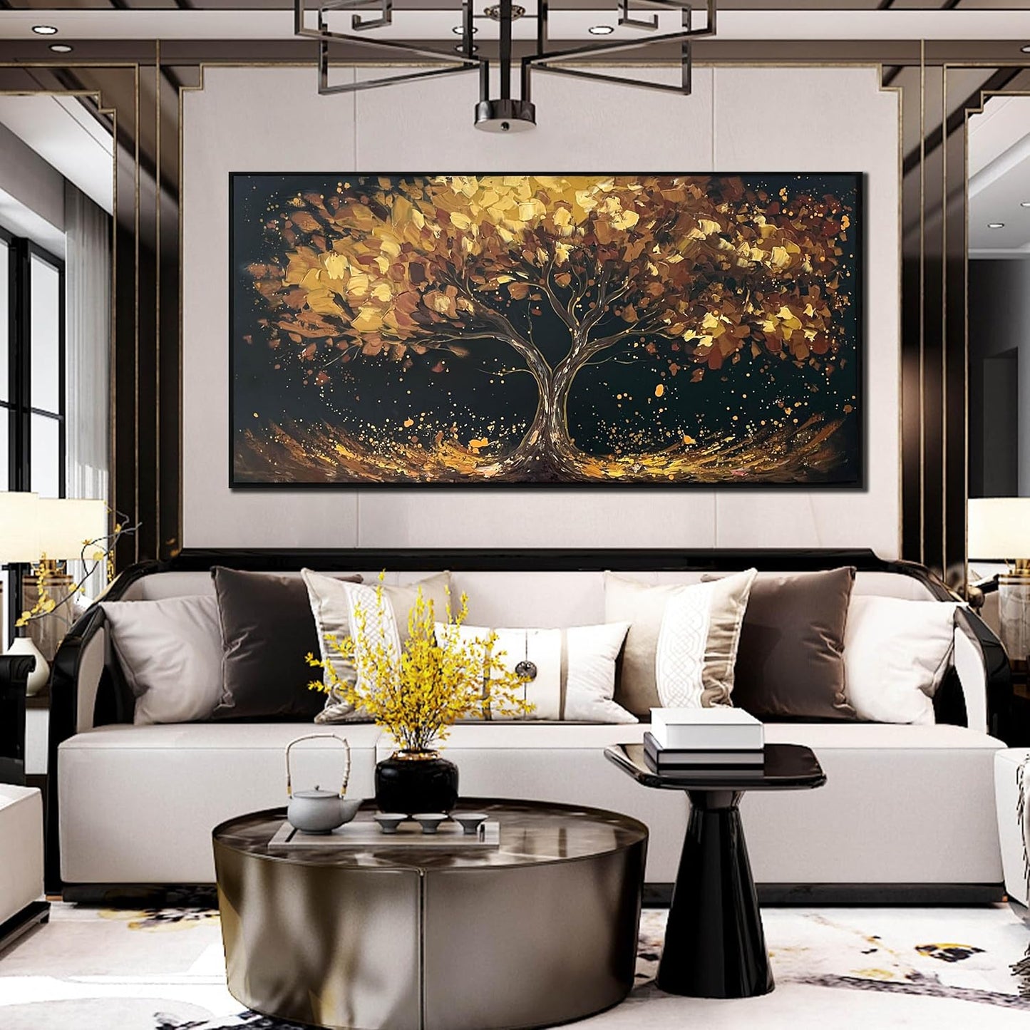Tree Painting Wall Art for Office - Hand Painted Gold and Black Canvas Wall Art for Living Room - Black Framed Wall Art for Bedroom Size 29" x 59"