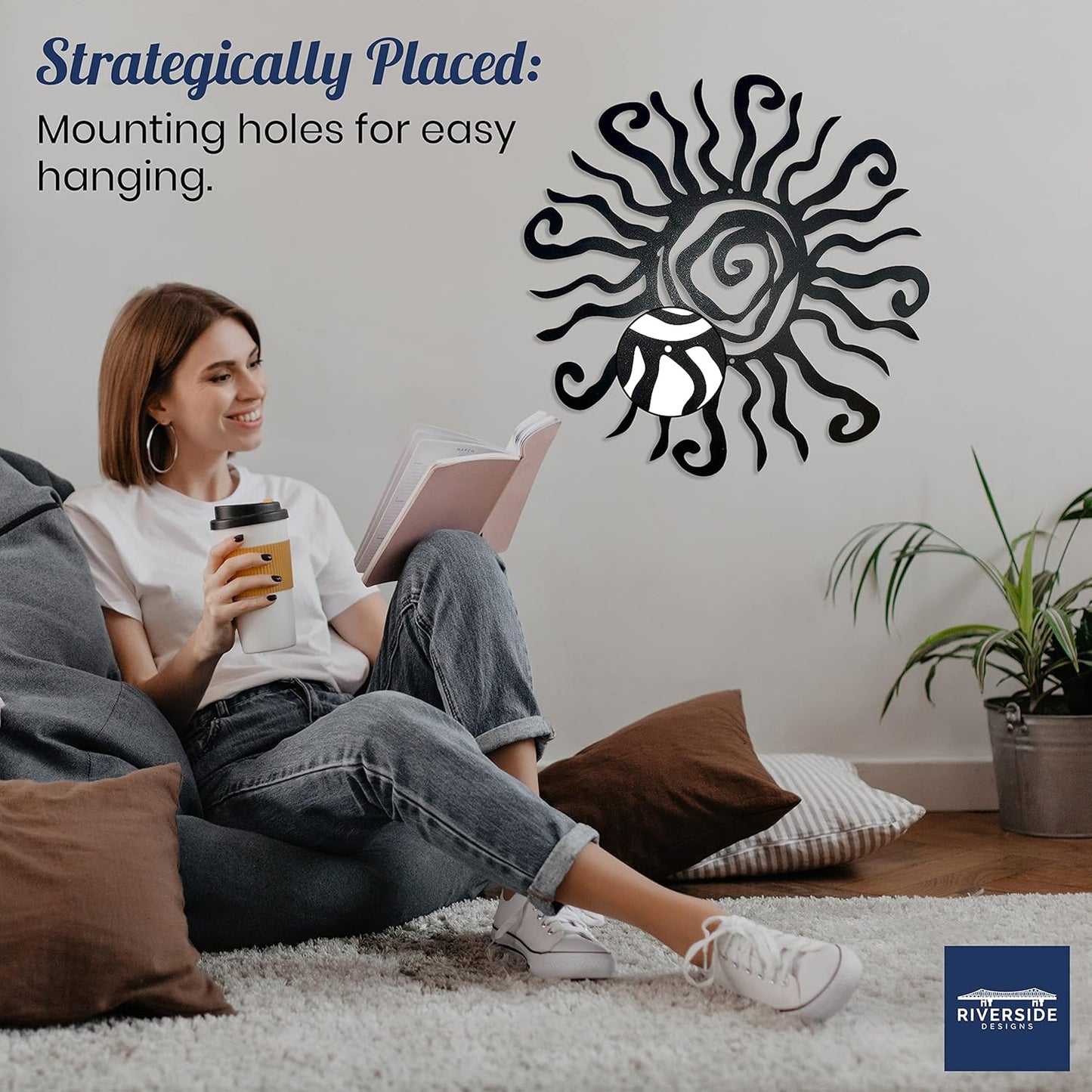 Riverside Designs Wacky Sun Metal Wall Art Indoor/Outdoor Decor - 12" Black Rust Proof Wall Sculpture - Made in USA - Ideal for Bedroom, Garden, Home, Patio and Farmhouse