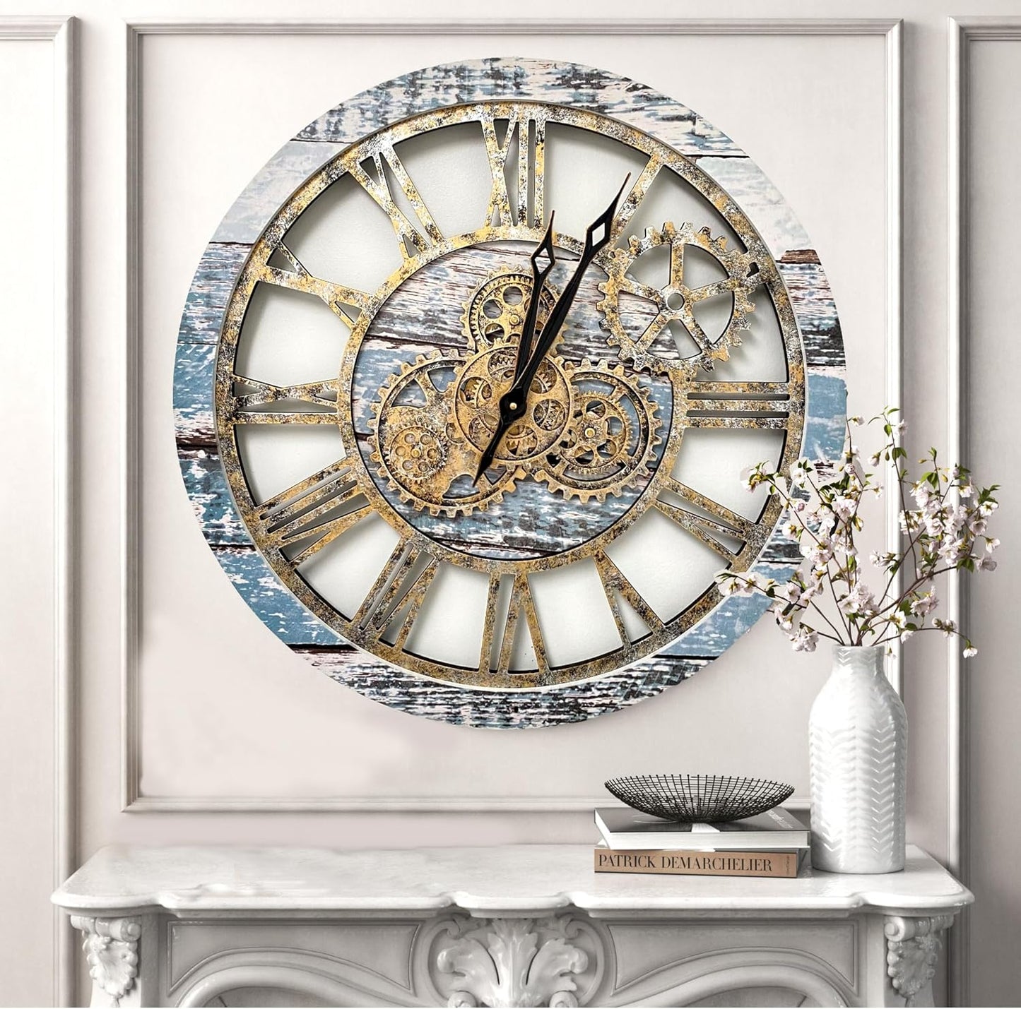 The Original Real Moving Gear Wall Clock Vintage Industrial Oversized Rustic Farmhouse (24 inch (60cm), Vintage Aqua Green and Bronze)