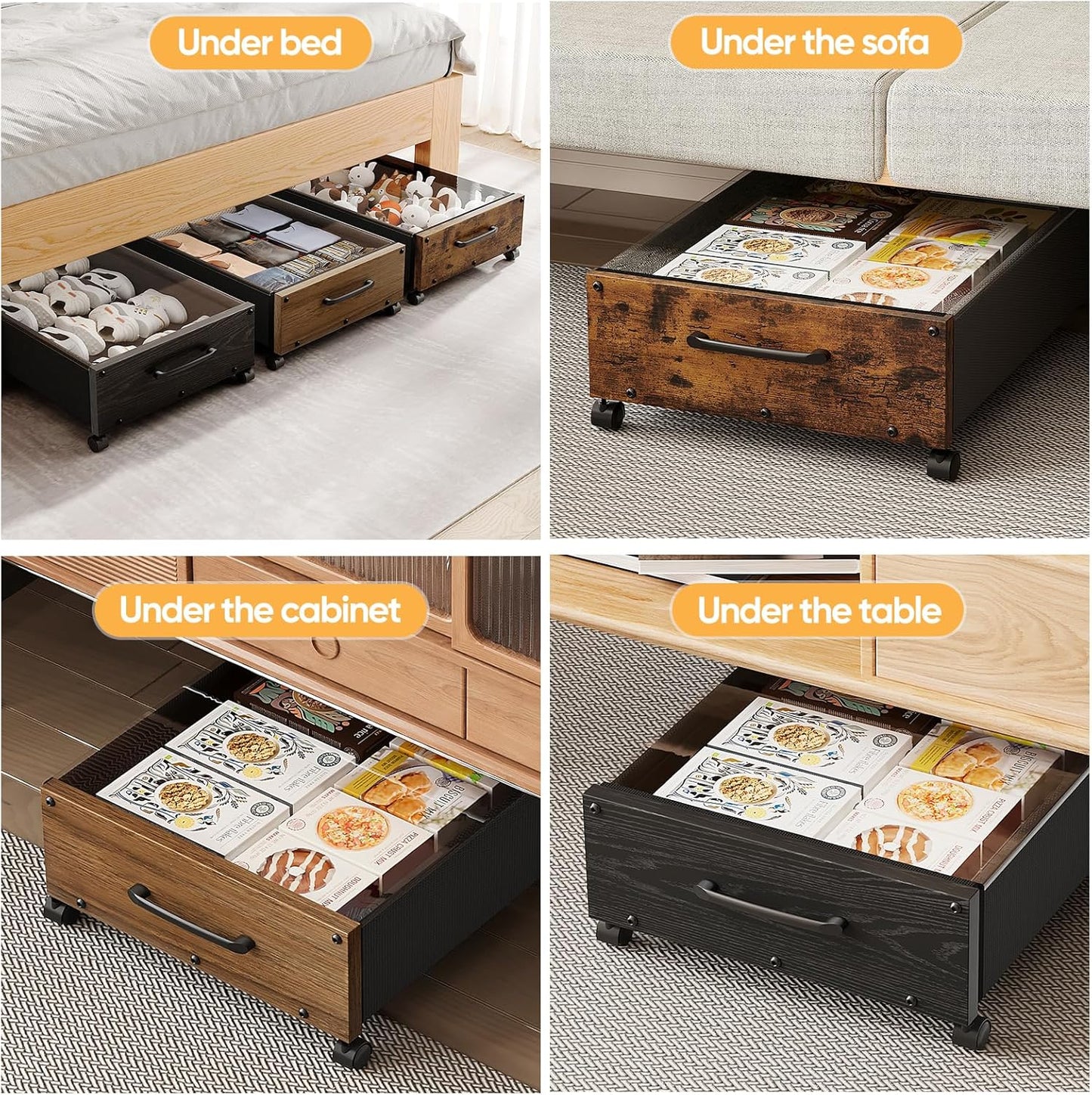 Wooden Under Bed Storage with Wheels, Rolling Under the Bed Storage Bins with Removable Lid, Metal Under Bed Drawers for Clothes and Shoes in Bedroom or Living Room(Walnut Brown-2pack)
