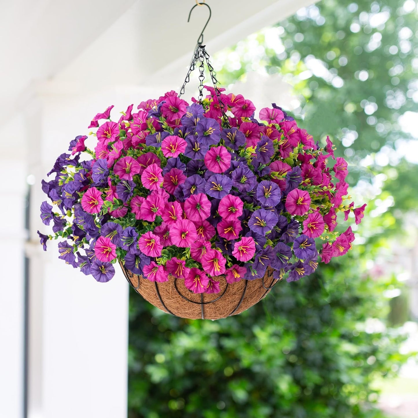Artificial Faux Hanging Flowers Plants Basket for Spring Summer Outdoors Decoration, Silk Morning Glory with Eucalyptus Look Real UV Resistant Fake Flowers for Outside Porch Patio Balcony Home, Mix