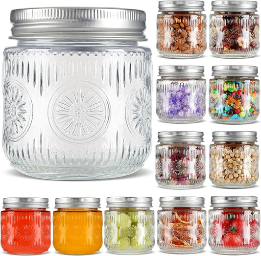 Mason Jars 8 oz - Vintage Small Glass Mason Jars with Silver Metal Lids, Regular Mouth Canning Jars, Safe For Storage, Canning, Pickling, Preserving, Fermenting, DIY Crafts & Decor (12Pack)