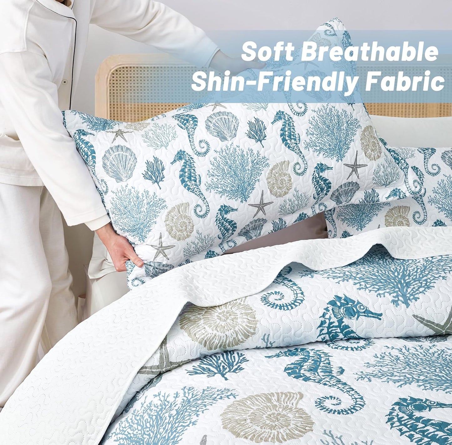 Coastal Bedding Queen Size Coastal Quilt with 2 Shams, Nautical Beach Comforter Sets Ocean Bedspreads Blue Seahorse Coverlet Summer Bedding, 90''x96''