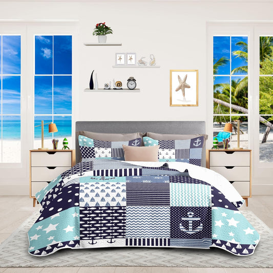 Nautical Bedding King Size Coastal Quilt with 2 Shams, Coastal Beach Comforter Sets Ocean Bedspreads Blue Seaturtle Coverlet Summer Bedding, 96''x106''