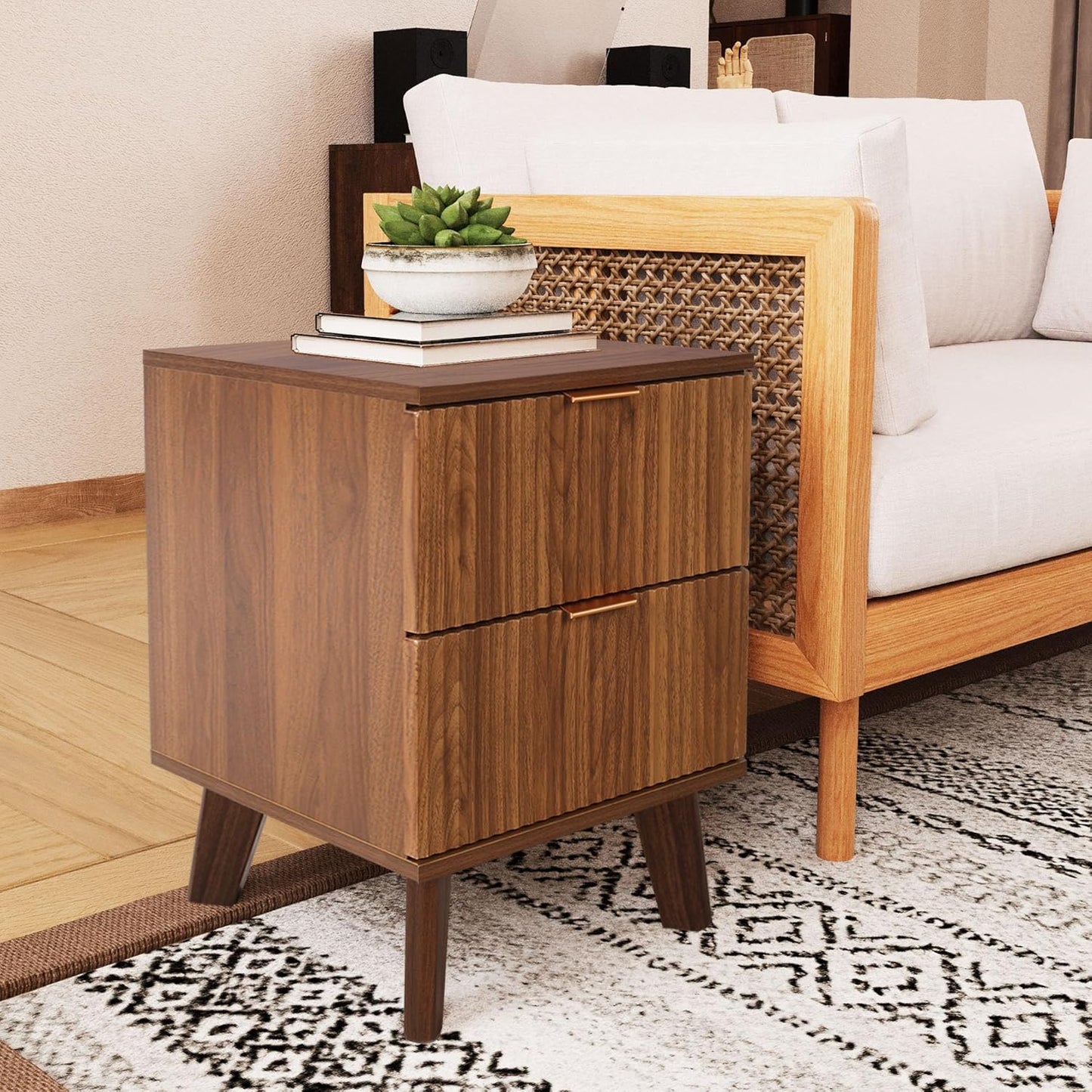 Fluted Nightstand, Mid Century Modern 2 Drawer Bedside Table for Bedroom, Small Dresser Night Stand Side End Table with Wood Fluted Drawer Storage for Bedroom Closet(Walnut)
