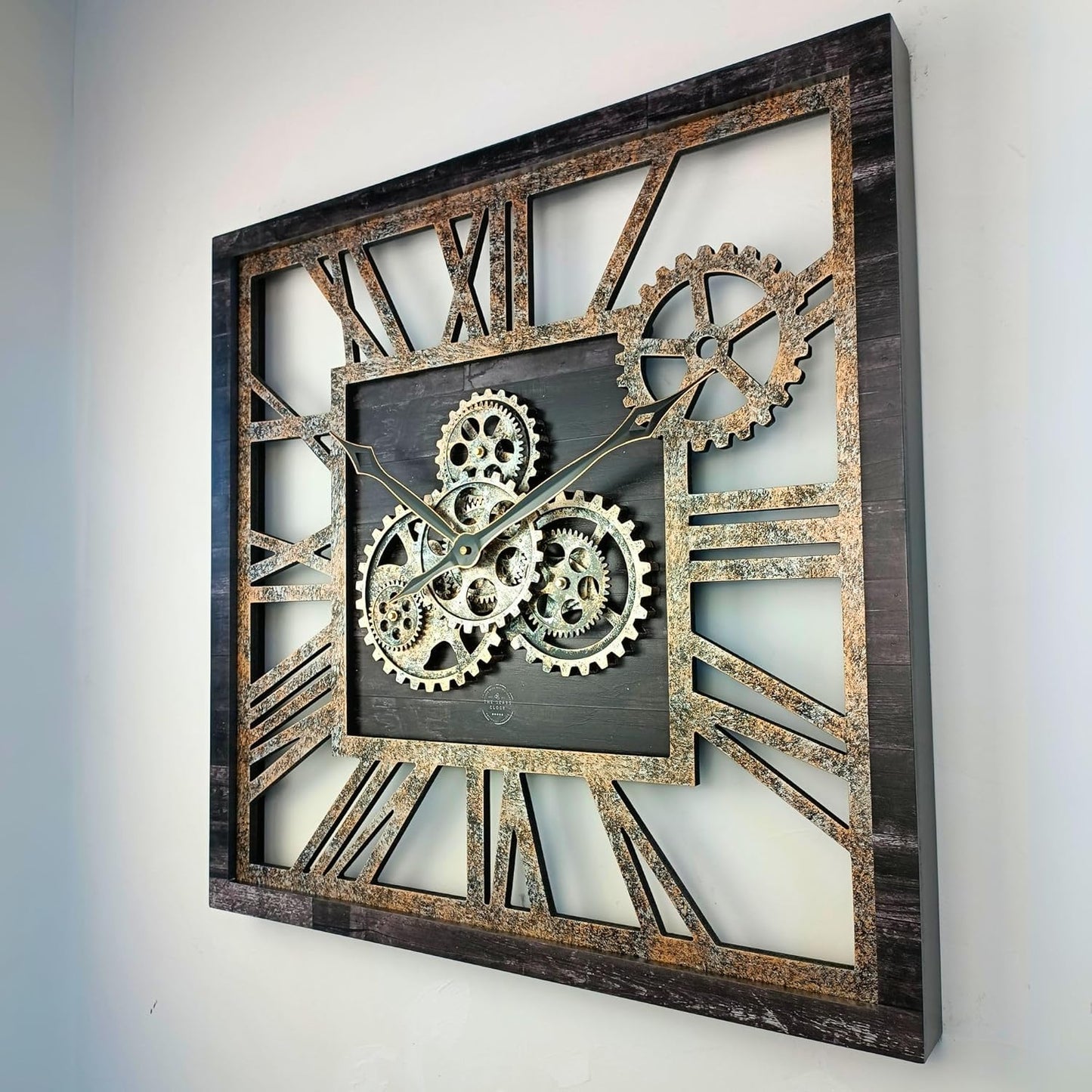 The Gears Clock 24'' Inch Square Real Moving Gear Wall Clock Vintage Industrial Oversized Rustic Farmhouse (Vintage Black)