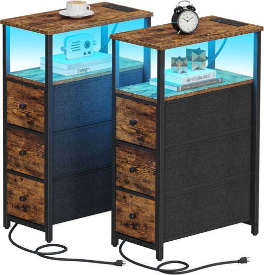 TUTOTAK Narrow LED Night Stand with Charging Station, Slim End Table with Plugins, Tall Side Table with 3 Fabric Drawer, Small Bedside Table with Storage, Set of 2, for Living Room, Brown TB01BB073L