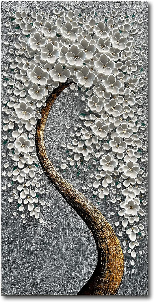 100% Hand-Painted 3D White Vertical Abstract Flower Tree Painting, Canvas Texture Mural, Living Room, Bedroom, Dining Room Mural 24x48 inchs