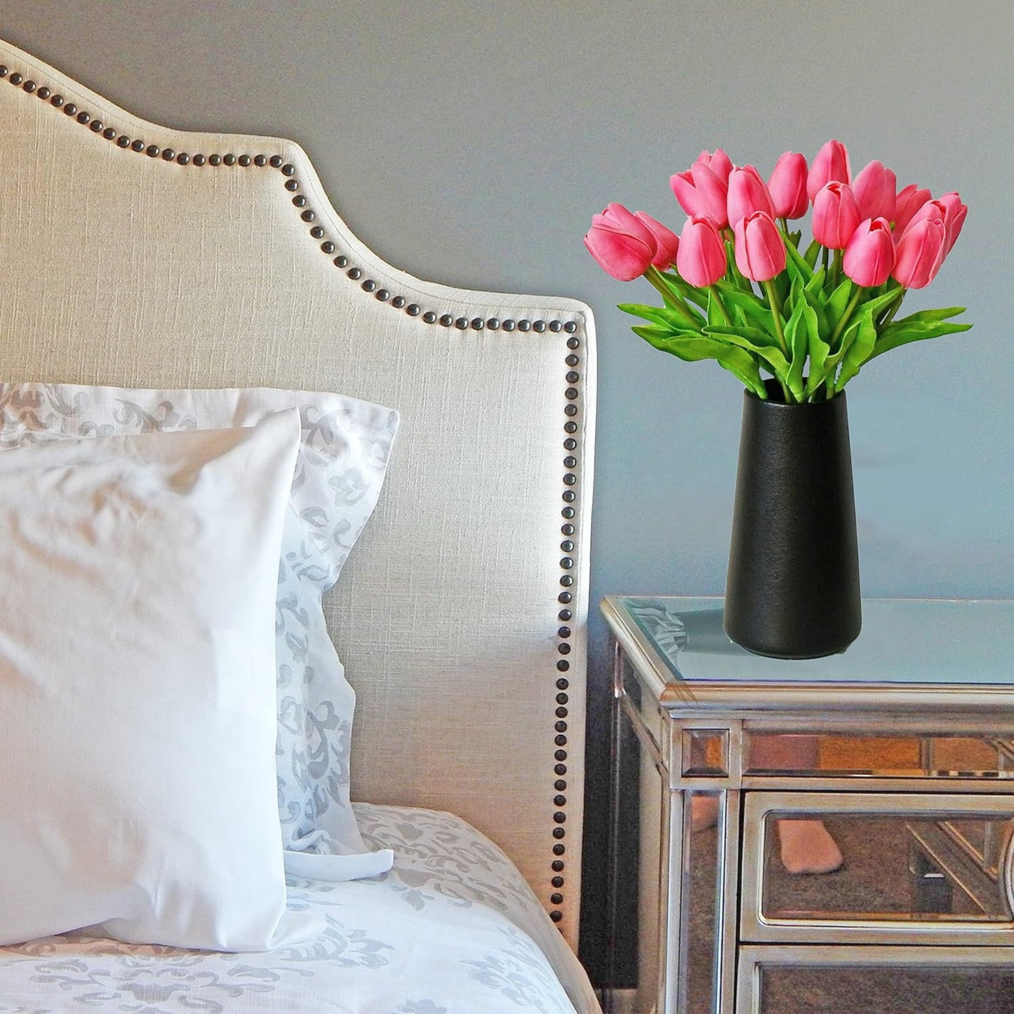 Mandy's Artificial Tulips 20 Stems Pink PU Faux Flowers for Wedding Home Decor 13.5 Inch