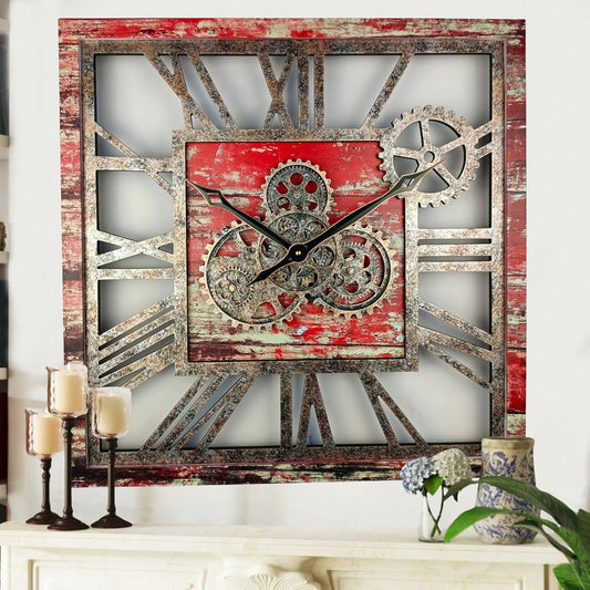 The Gears Clock 24'' Inch Square Real Moving Gear Wall Clock Vintage Industrial Oversized Rustic Farmhouse (Red Lava)