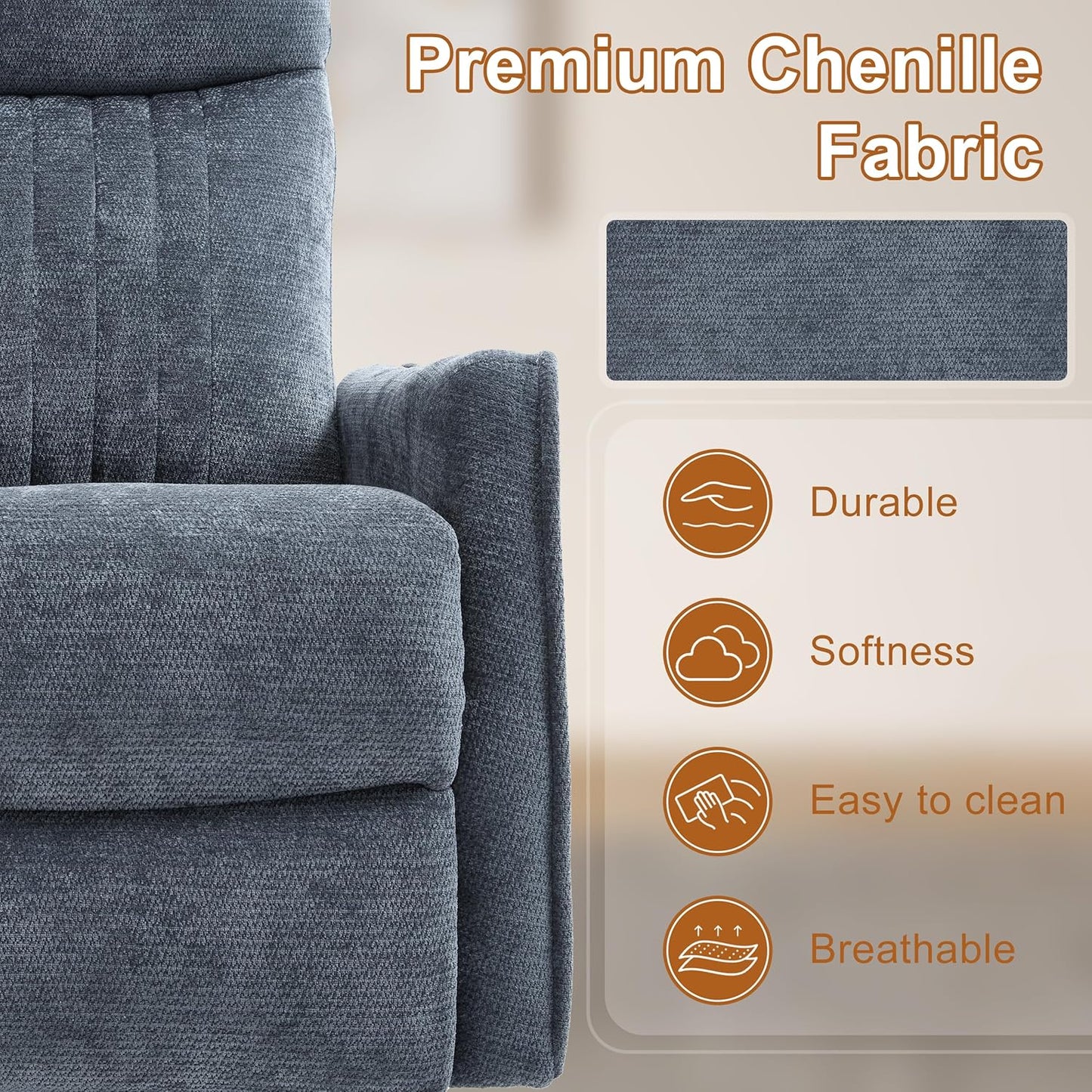 Manual Swivel Rocker Recliner Chair for Adults, Overstuffed Reclining Glider Chair for Nursing with Vibration Massage & Heat, Living Room Rocking Recliner 2-Stage backrest, Chenille Fabric Blue