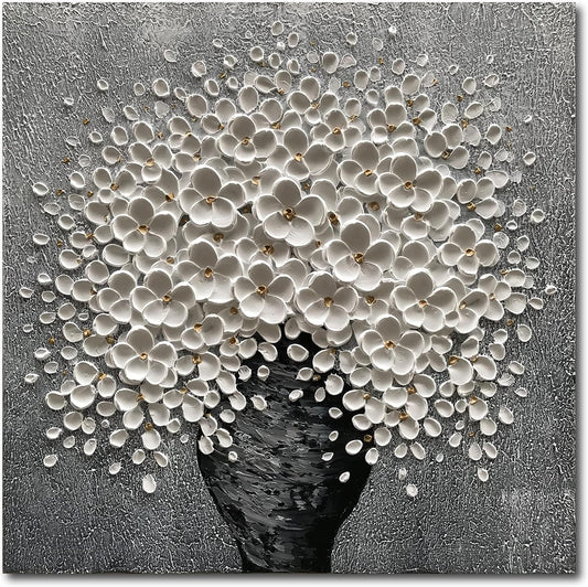 100% Hand-Painted White Flower Art Oil Painting, Modern Home Furnishing Canvas Painting Decoration, 3D Abstract Mural Painting,24x24 inch Frame Wall Art Hanging