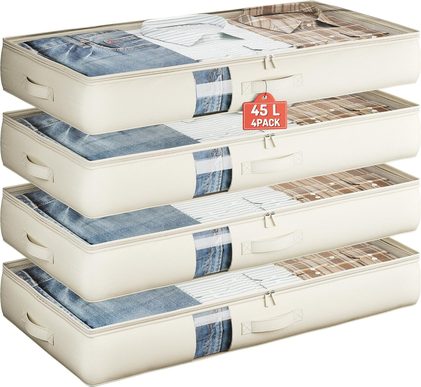 Soft-Sided Foldable Under bed Storage Bags with Window,No Rigid Frame Closet Organizers,Storage Containers for Blankets, Clothing, Comforter, Collapsible Fabric Design,4 Pack, White Ivory